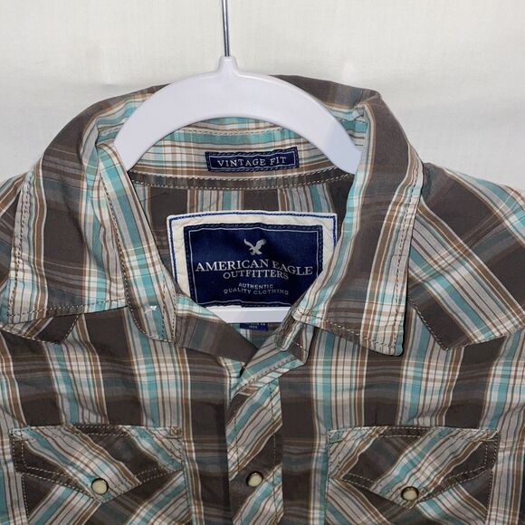 American Eagle Outfitters Western Shirt Men’s Size XS Brown Striped Pearl Snaps - Picture 3 of 12